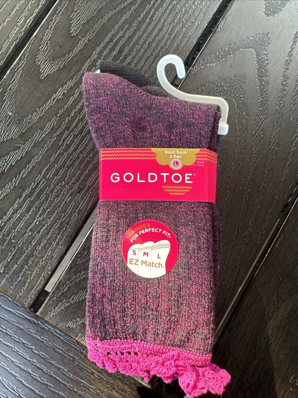 GOLD TOE Girls EZ Match 2 Pack Boot Socks Pink and Black Kids Size Large 2-10.5