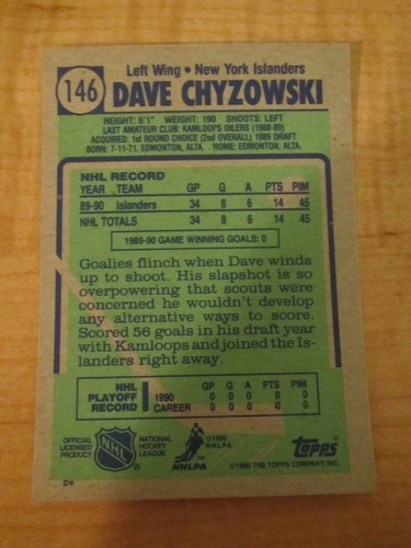1990-91 Topps Hockey Top Prospect Dave Chyzowski Rookie #146 New York Islanders - Picture 2 of 2