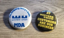 Vintage Set of 2 Western Union MDA Jerry's Kids Customer Service Pin Backs