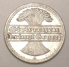 1920 A German Germany Weimar 50 Pfennig Wheat Coin VF
