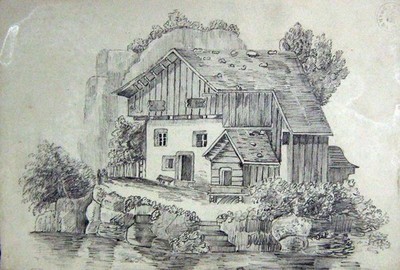 Old Antique Print 1849 Henry Hawkes Drawing Riverside House Architecture 19th