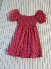 Main Strip Puffed-Sleeve Babydoll Dress Women's Small Hot Pink Floral Lace Girly