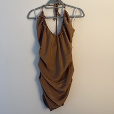 ASOS Halter Neck Dress Bronze Size 6 Mini Cutout Back Ruched
