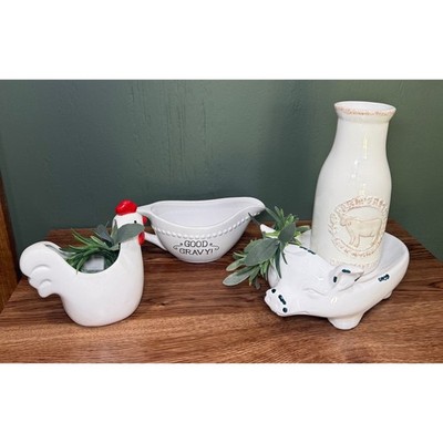 Ceramic Farmhouse Lot Gravy Boat Milk Bottle Rooster Planter Pig Riser Greenery