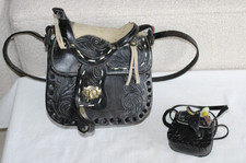 Vintage 70s Tooled Leather Horse Saddle Shoulder Bag Western Purse Black w/Mini