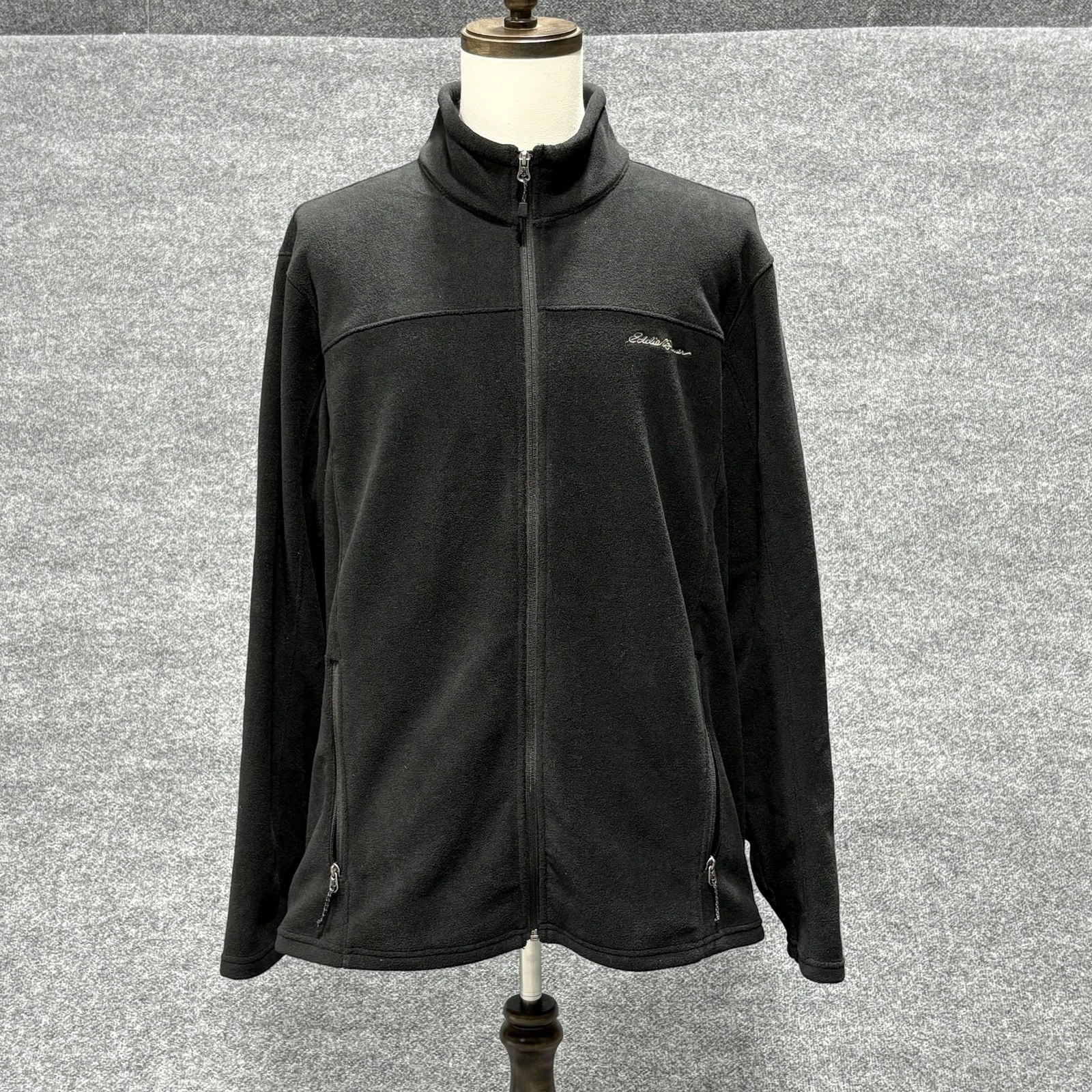 Eddie Bauer Fleece Jacket Mens XXL Black Full Zip Stand Collar Zippered Pockets