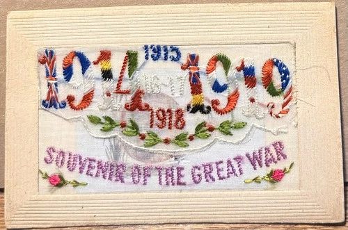 1915-1918 WW1 Postcard, Silk Flags, Souvenir Of The Great War, USA, France, ….