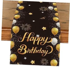  Balloons Firework Happy Birthday Table Runner, 13" x 72", Table Runner Black