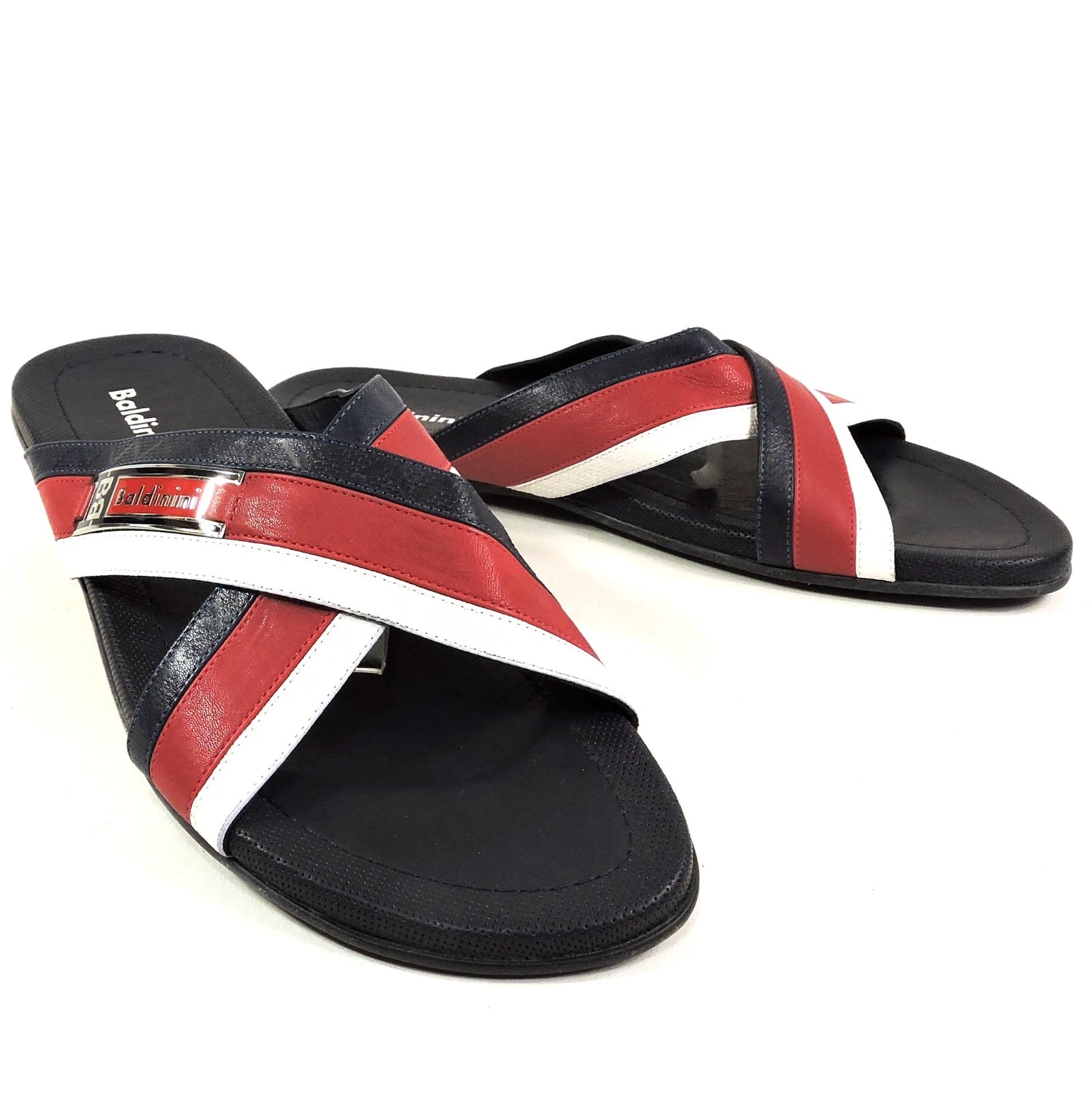 BALDININI 🇮🇹 MEN'S BLUE & RED SOFT LEATHER COMFORT FLAT SUMMER SANDALS
