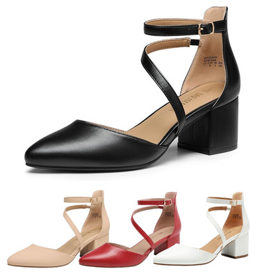 US Women Pump Shoes Ankle Strap Low Chunky Block Heel Close Toe Dress Pump Shoes