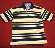 VTG 2000 Tommy Hilfiger Crest Polo Shirt Large Striped Navy Yellow Y2K Read