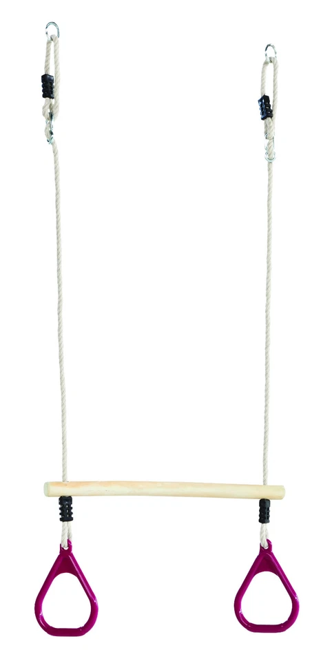 WOODEN TRAPEZE BAR WITH PURPLE GYM RINGS +ROPES FOR GARDEN SWINGS-BNIB- FREEPOST