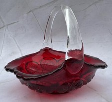 Vintage Ruby Red Glass Basket With Clear Handle Ruffle Crimped Edge Cut Pattern