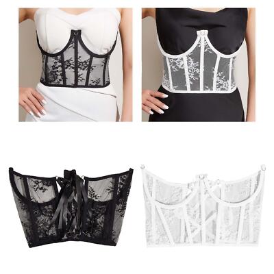Damen Push Up Korsett Spitze Überbrust Taille Bonded Bustier Trägerlos Taillenschlauch