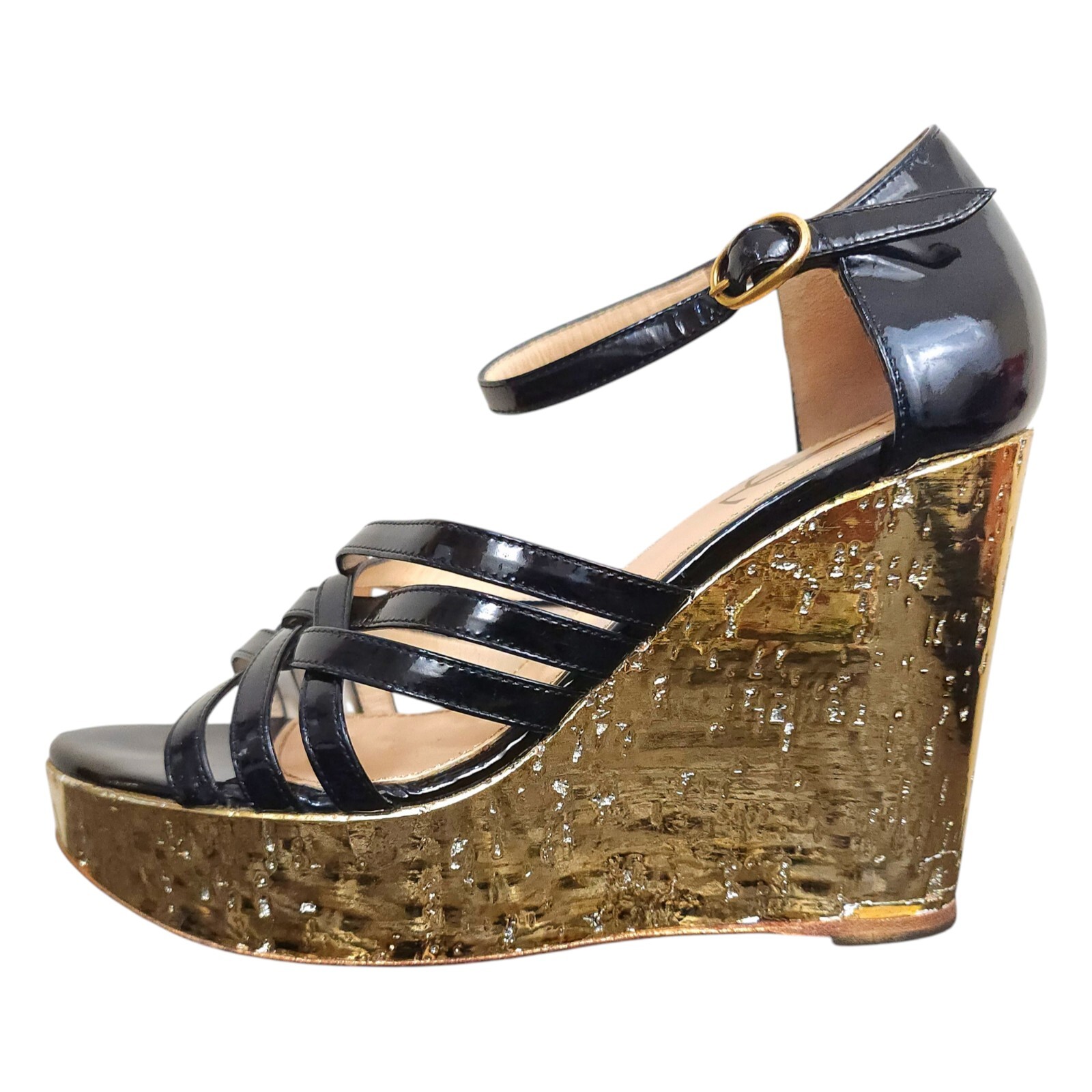 Sandali donna Yves Saint Laurent YSL neri con cinturino e zeppa oro taglia UK 3 5