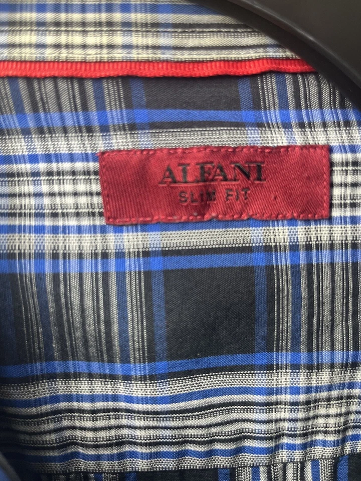 Camisa de vestir ajustada a cuadros azul/blanco gris Alfani para hombre talla XXL regalo perfecto Foto 2 de 4