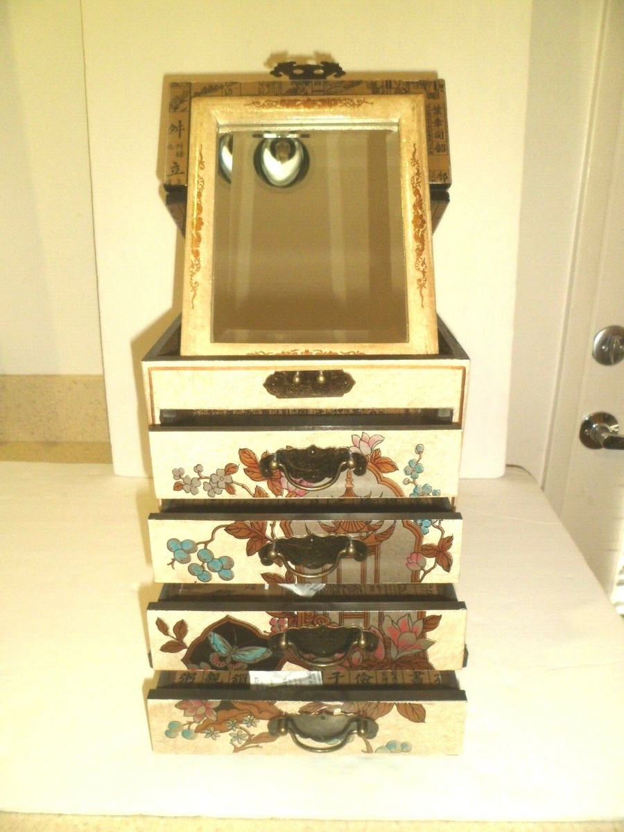 Asian Chinese Drawer Lacquered Jewelry Chest Stand-up Mirror 13