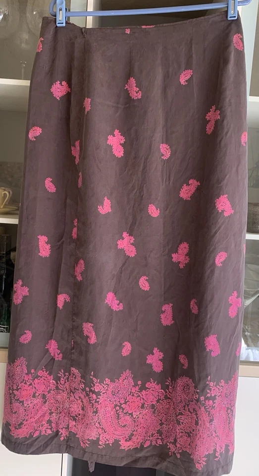 Mujeres 100% SEDA Cacao Marrón Rosa Caliente Diseño Envolvente Maxi Falda 13 14 Express Foto 2 de 3