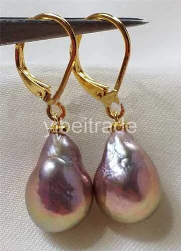 Boucles d'oreilles perles baroques 11-15 mm naturelles AAA mer du Sud OR JAUNE 14 CARATS - Photo 1/2