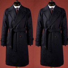 Black Cashmere Men's Overcoat Peak Lapel Double Breasted With Belt Long Jackets