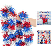 33FT 4Th of July Patriotic Tinsel Garland Red White Blue Glitter Metallic Twist