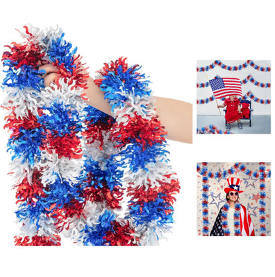 33FT 4Th of July Patriotic Tinsel Garland Red White Blue Glitter Metallic Twist