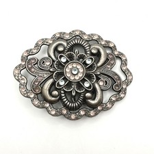 Vintage Silver Tone Floral Filigree Belt Buckle Pink Blue Rhinestone 3.25in