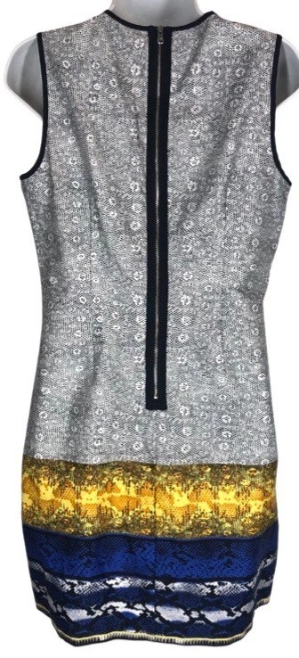 全新 Kenneth Cole Shift 连衣裙 8P 8 黑色白色蓝色花卉蛇皮无袖 — 第 3/4 张图片