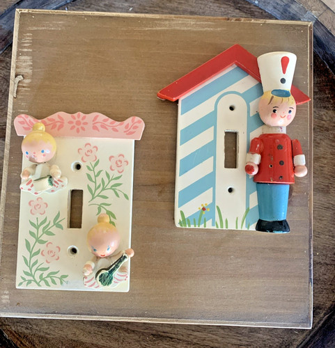 Vintage 60's Originals Irmi Wood Nursery Light Switch Plates Angels Toy Soldier
