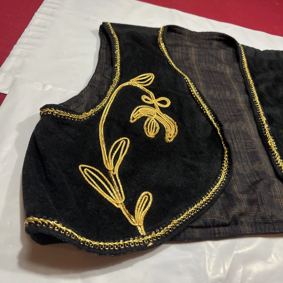 COLETE GENIE PRETO Veludo OURO metálico Deserto Príncipe Sultão Fantasia Adulto M GRANDE - Imagem 2 de 4