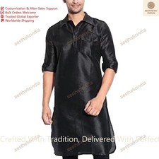 Mens Fashion Shirt Mens Long Kurta Bland Nylon Dress Kurta Shirt Color Black