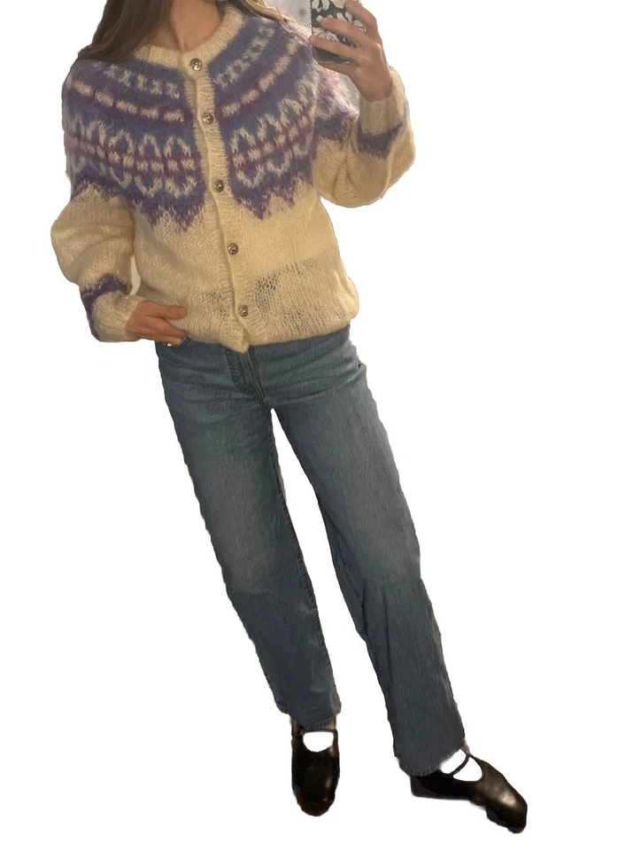 Icelandic Design Womens Cream Fair Isle Handknit Mohair Cardigan Sweater S - Image 2 of 4