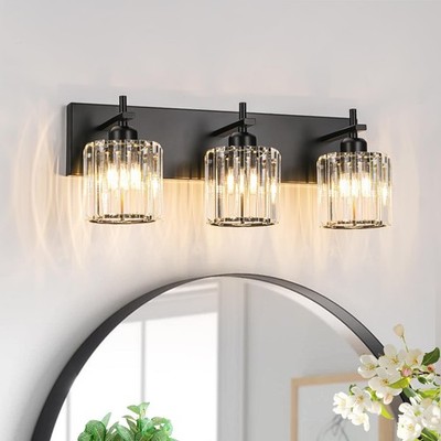 Black Crystal Bathroom Vanity Lights, Modern 3-Lights Bathroom Lighting Fixtu...