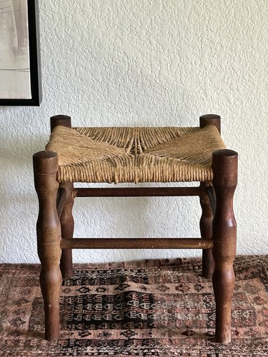 Vintage Hand Woven Rush Seat Footstool Primitive Wood Stool Rustic 12”