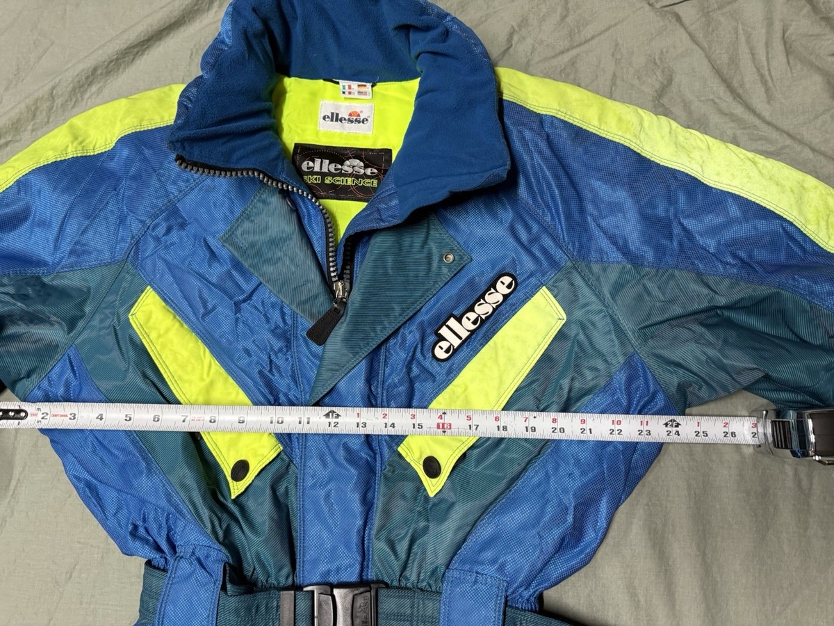 Ellesse Ski Snowsuit One Piece Blue/Green Bib Jumpsuit Vintage