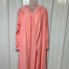 Vintage Shadowline Coral Pink Lace Trim Peignoir Set Nightgown Robe 2PC Large