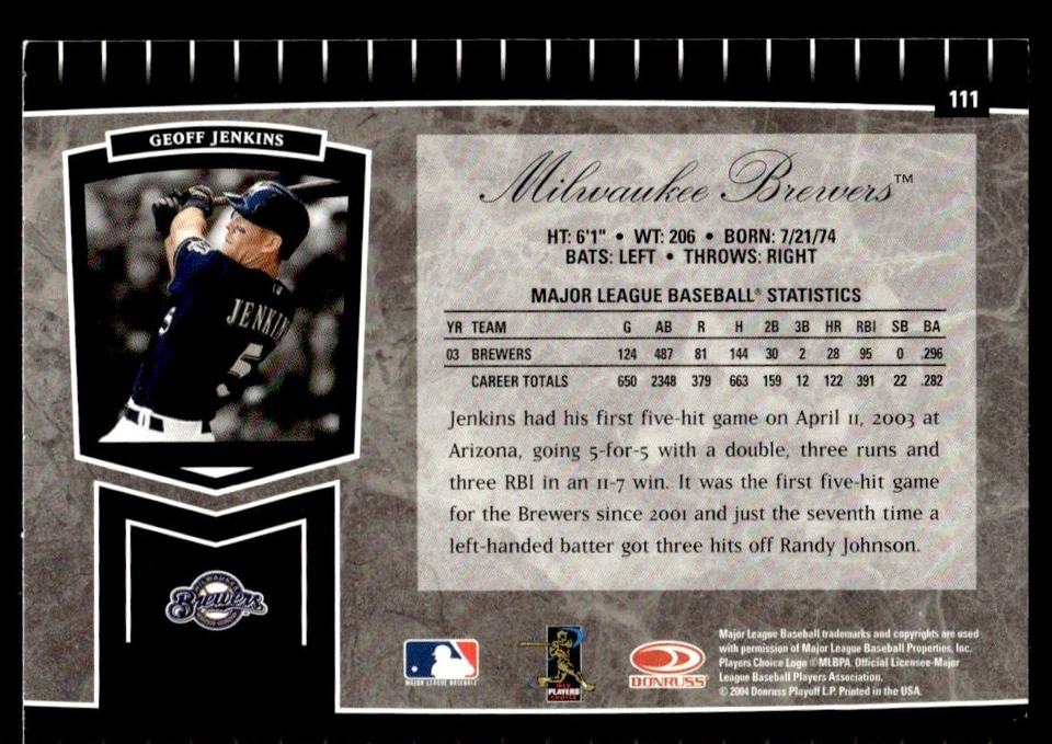 2004 Leaf Certified Cuts Geoff Jenkins Milwaukee Brewers #111 - Image 2 of 2