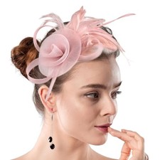 Fascinators Hat Flower Mesh Ribbons Feathers on a Headband and a One Size Pink