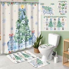 4 Pcs Christmas Shower Curtains Set with Non Slip Rug Winter Christmas Bathro...