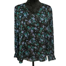 Attention Womens Blouse XL Floral Chiffon Black Green Blue Long Sleeve V-Neck