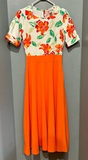 Orange Floral Fit  Flare Midi Dress Women's Short Sleeve Round Neck