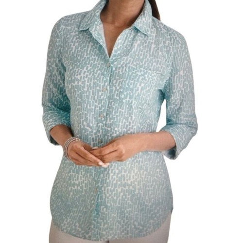 CHICO’S | Sky Blue 100% Linen No Iron FreshChic Patterned Button Down Top size L - Picture 2 of 12