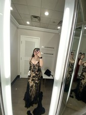 Black/Nude Floral Lace Sheer V-Neck Spaghetti Strap Long Gown, M