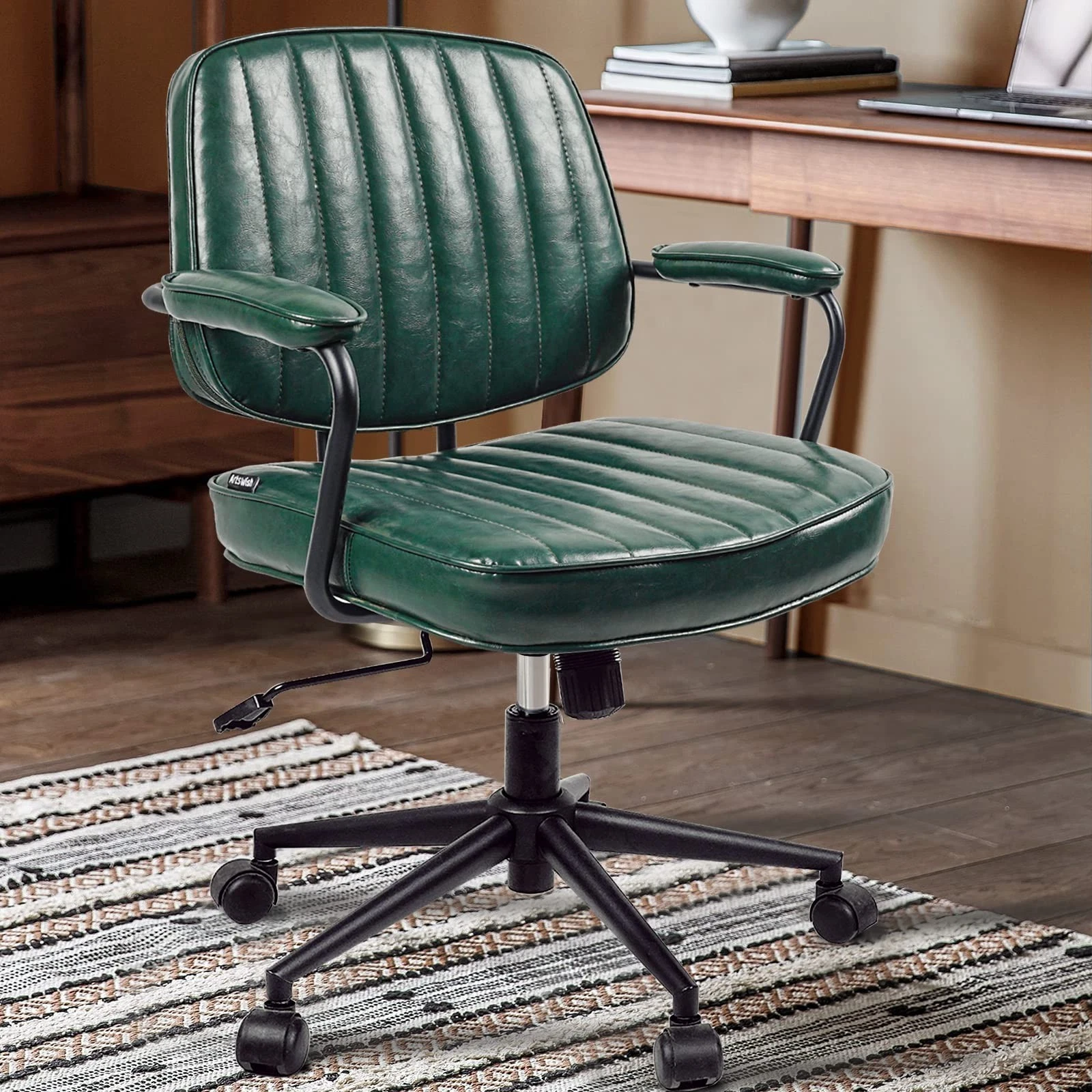 Artswish Leather Office Chair Brown Desk Chair with Wheels Arms, Mid Back Leather Executive Computer Chair Mid Century Chairs for Home Office - Thumbnail 4