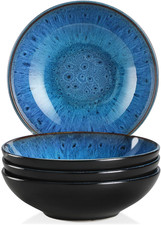 Bubble Stoneware Wide and Deep Pasta Bowl Set, 4-Piece Reactive Glaze Blue Soup