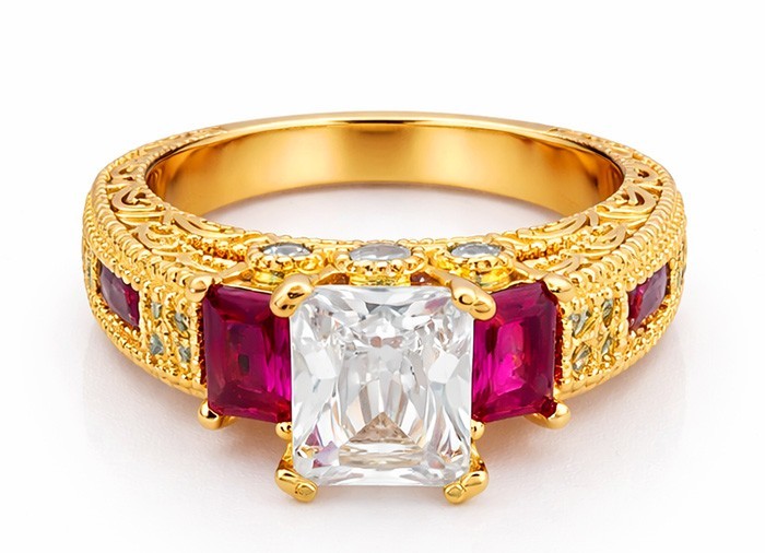 LAB CREATED RUBIES  & WHITE SAPPHIRE RING 14K YELLOW GOLD PLATED - NEW WITH TAG