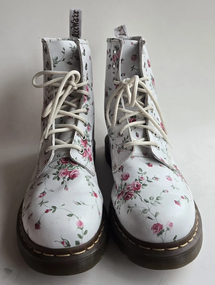 Dr Martens Floral Rosa Portland Botas de Combate 1460 Blanco EE. UU. 9/Reino Unido 7 Docs DMS Foto 4 de 4