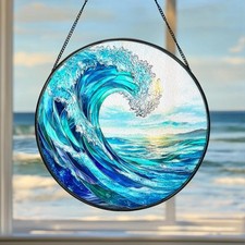 Ocean Wave Stained Glass Suncatcher, Sea Wave Window Hanging Decor