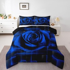 Blue and Black Comforter Set Twin Size Kids Rose Comforter for Boys Teens Ros...