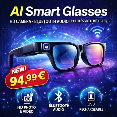 AI Smart Glasses mit HD Kamera, Bluetooth Audio, Foto & Video Aufnahme WIFI